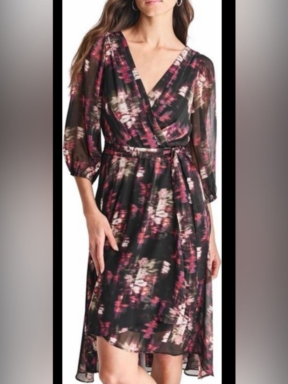 Dkny Black Dress with Pink Floral Print Wrap Midi